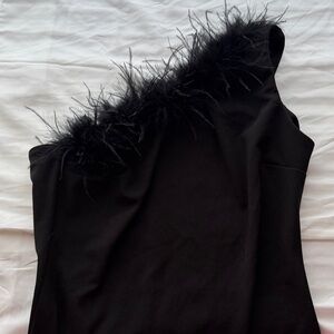 Black feather trim asymmetrical one shoulder fitted mini body con dress